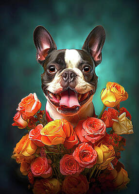 Lilies Digital Art - Boston Terrier with Flowers by Lily Malor
