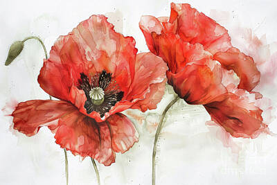 Mixed Media - Botanical Red Poppies by Tina LeCour