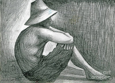 City Scenes Drawings - Boy Sitting With Straw Hat by Genevieve Esson
