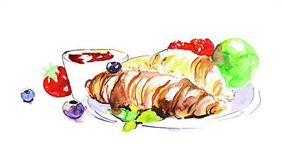 Food And Beverage Drawings - Breakfast of chocolate croissants, tea, fruits, berries, apple. Hand painted watercolor isolated on white by Maria Kray