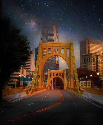Skylines Paintings - Bridge In Pittsburgh At Night by Dan Sproul