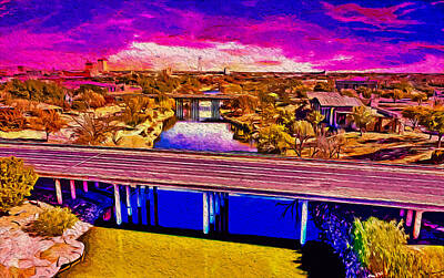 Recently Sold - Skylines Digital Art - Bridges over the Concho River in San Angelo at sunset - digital painting by Nicko Prints