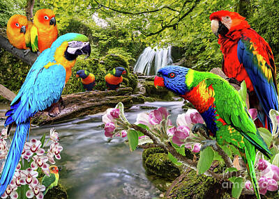 Best Sellers - Birds Mixed Media Rights Managed Images - Brightly Colored Parrots In The Rainforest 1000 Piece Adults Jigsaw Puzzle Royalty-Free Image by Safran Fine Art