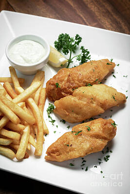 Up Up And Away - British Traditional Fish And Chips Meal On Wood Table by JM Travel Photography