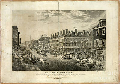Cities Drawings - Broadway New York Antique Street And Building Detail Etching by Lone Palm Studio