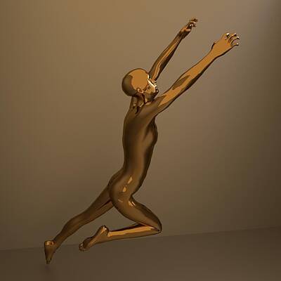 Athletes Digital Art - Bronze statue of a young muscular naked man in dramatic pose, dynamic position of the character standing on the tip of his leg with erected arms by Jana Prokopova