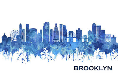 Watercolor Dragonflies - Brooklyn New York Skyline Blue by NextWay Art