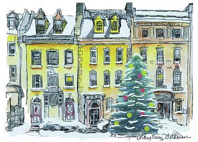 City Scenes Drawings - Brownstones Christmas in the City by Mary Kunz Goldman