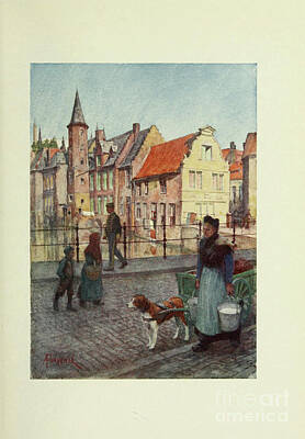 City Scenes Drawings - Bruges Quai du Rosaire g4 by Historic Illustrations