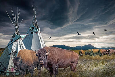 Randall Nyhof Royalty-Free and Rights-Managed Images - Buffalo Herd by Indian Tepees with Blackbirds  by Randall Nyhof