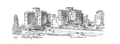 City Scenes Drawings - Buffalo NY Marine Drive Apartments, Brutalist Architecture Masterpiece by Mary Kunz Goldman