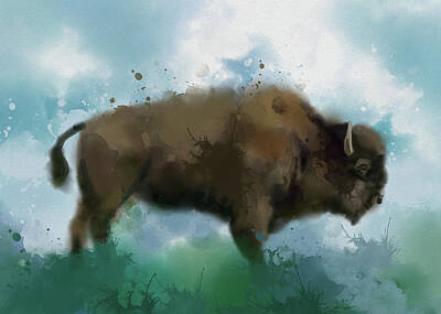 Mammals Digital Art Royalty Free Images - Buffalo Vintage Watercolor Royalty-Free Image by Bekim M