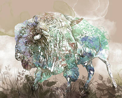 Mammals Digital Art - Buffalo Watercolor Beige by Bekim M