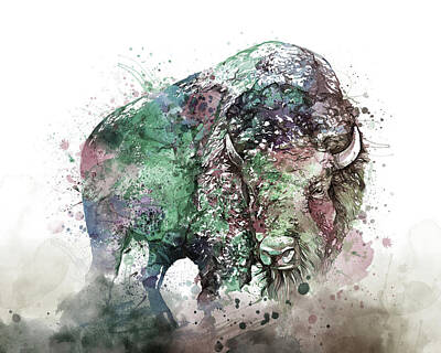 Mammals Digital Art - Buffalo Watercolor by Bekim M