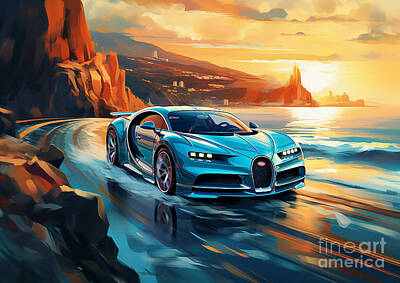 Sports Drawings - Bugatti Chiron Coastal Adventure Abstract Expressions of Hypercar Power by Lowell Harann