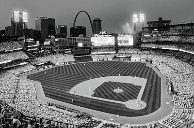 Birds Photos - Busch Stadium and St Louis Skyline at Dusk in Monochrome by Gregory Ballos