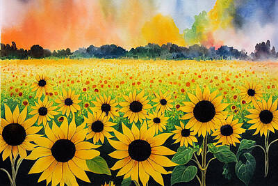Sunflowers Paintings - Bush  fire  sunflower  field  birds  wind  watercolor  paint  645563eb7645c66  770436  64504359  af6 by Celestial Images