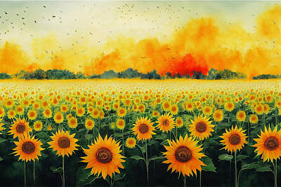 Sunflowers Paintings - Bush  fire  sunflower  field  birds  wind  watercolor  paint  c90430435650  a66453  6452b043  97c0   by Celestial Images