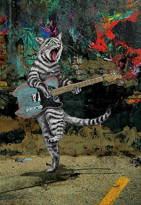 Musicians Mixed Media - Buskers the Electric Guitar Cat by Doug LaRue