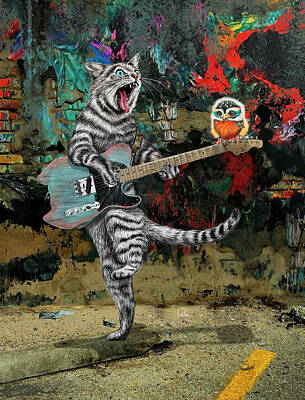 Musician Mixed Media Rights Managed Images - Buskers the Guitar Cat  Royalty-Free Image by Doug LaRue