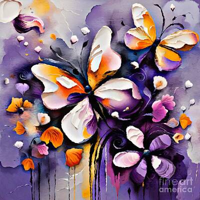 Abstract Flowers Digital Art - Butterflies and Flowers Abstract Art by Laurie
