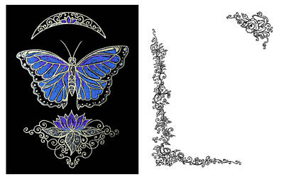 Roses Drawings - Butterfly and Roses Drawing and border by Katherine Nutt