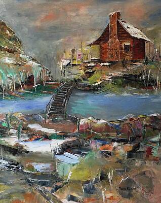 A White Christmas Cityscape - Cabin by the river by Maria Karlosak