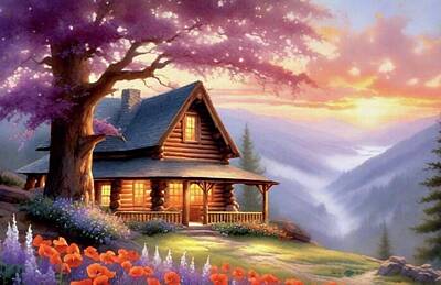 Mountain Rights Managed Images - Cabin Under the Purple Tree Royalty-Free Image by James Eye