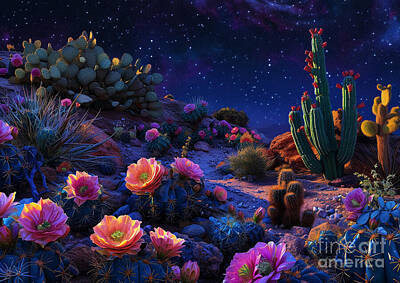 Surrealism Paintings - Cactus Bloom Mirage A surreal desert landscape with cactus blooms in vibrant colors by Eldre Delvie
