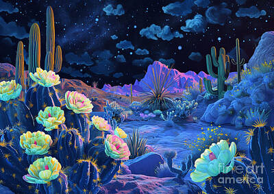 Surrealism Royalty-Free and Rights-Managed Images - Cactus Bloom Mirage Midnight A surreal desert landscape with cactus blooms in vibrant colors under the starry night by Eldre Delvie