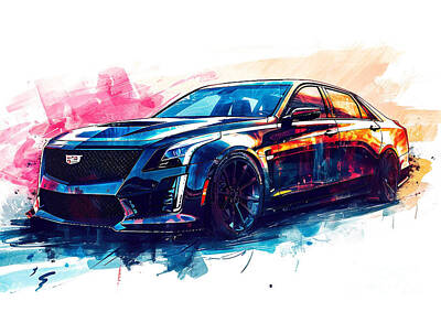 Transportation Royalty-Free and Rights-Managed Images - Cadillac CT6V Blackwing watercolor abstract vehicle by Clark Leffler