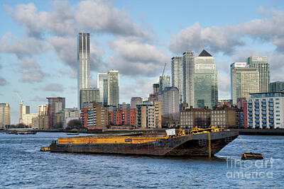 London Skyline Photos - Canary Wharf Barge  by Rob Hawkins