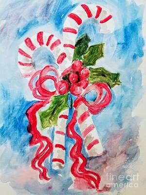 Roses Paintings - Candy Canes and Holly  by Rose Elaine