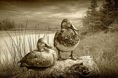Randall Nyhof Royalty-Free and Rights-Managed Images - Canvasback Duck Pair by a Pond in Sepia Tone by Randall Nyhof