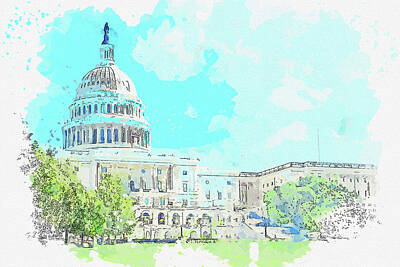 Advertising Archives Rights Managed Images - capitol Building Architecture Landmark, watercolor, ca 2020 by Ahmet Asar Royalty-Free Image by Celestial Images