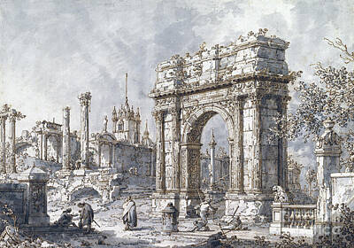 City Scenes Drawings - Capriccio with a Roman Triumphal Arch - Canaletto by Sad Hill - Bizarre Los Angeles Archive