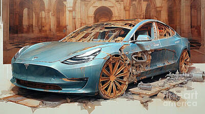 Drawings Rights Managed Images - Car 2559 Tesla Model 3 Royalty-Free Image by Clark Leffler