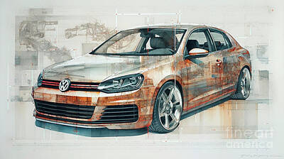 Drawings Rights Managed Images - Car 2581 Volkswagen Golf GTI Royalty-Free Image by Clark Leffler