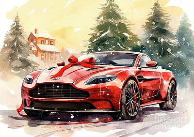 Royalty-Free and Rights-Managed Images - Car 543 Vehicles Aston Martin Vantage vintage with a Christmas tree and some Christmas gifts by Clark Leffler