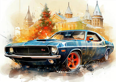 Arf Works - Car 628 Vehicles Dodge Challenger vintage with a Christmas tree and some Christmas gifts by Clark Leffler