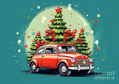 Royalty-Free and Rights-Managed Images - Car 663 Vehicles Fiat 500 vintage with a Christmas tree and some Christmas gifts by Clark Leffler