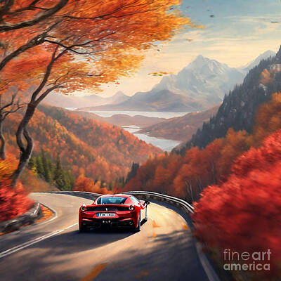 Transportation Digital Art Rights Managed Images - Car Ferrari 488 GTB with vibrant autumn foliage Royalty-Free Image by Destiney Sullivan