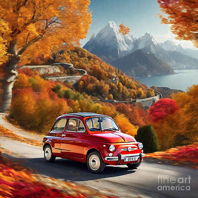 Digital Art Rights Managed Images - Car Fiat 500L with vibrant autumn foliage Royalty-Free Image by Destiney Sullivan