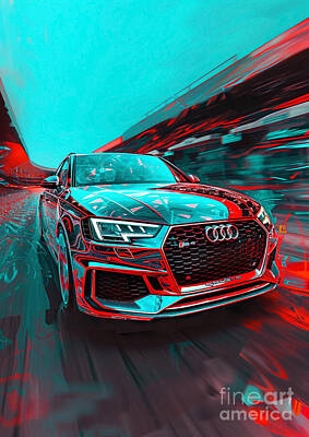 Surrealism Royalty-Free and Rights-Managed Images - Car for man Audi RS4 with a 3D anaglyph effect - Gift for husband by Destiney Sullivan