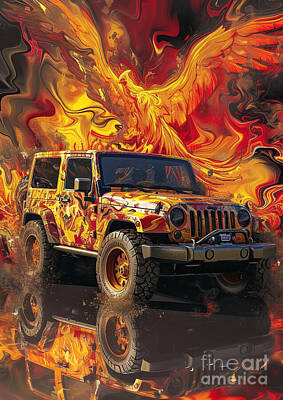 Surrealism Digital Art - Car for man Jeep with a fiery phoenix-themed wrap - Gift for husband by Destiney Sullivan