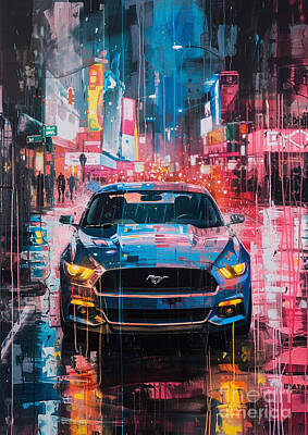 Cities Digital Art - Car for man Mustang with a rain-soaked street - Gift for husband by Destiney Sullivan