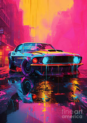 Cities Digital Art - Car for man Mustang with a retro-futuristic neon theme - Gift for husband by Destiney Sullivan