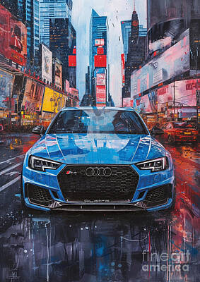 Cities Digital Art - Car for man RS4 with a city traffic backdrop - Gift for husband by Destiney Sullivan
