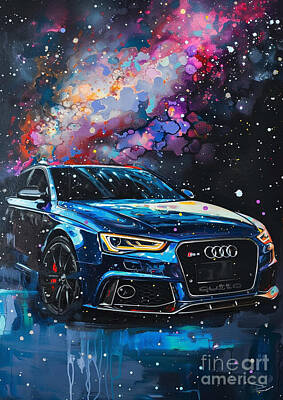 Transportation Digital Art Royalty Free Images - Car Graphic Audi RS4 with a celestial starscape Garage Mancave Royalty-Free Image by Destiney Sullivan