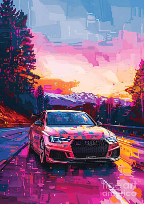 Skylines Royalty Free Images - Car Graphic Audi RS4 with a pixel art landscape Garage Mancave Royalty-Free Image by Destiney Sullivan